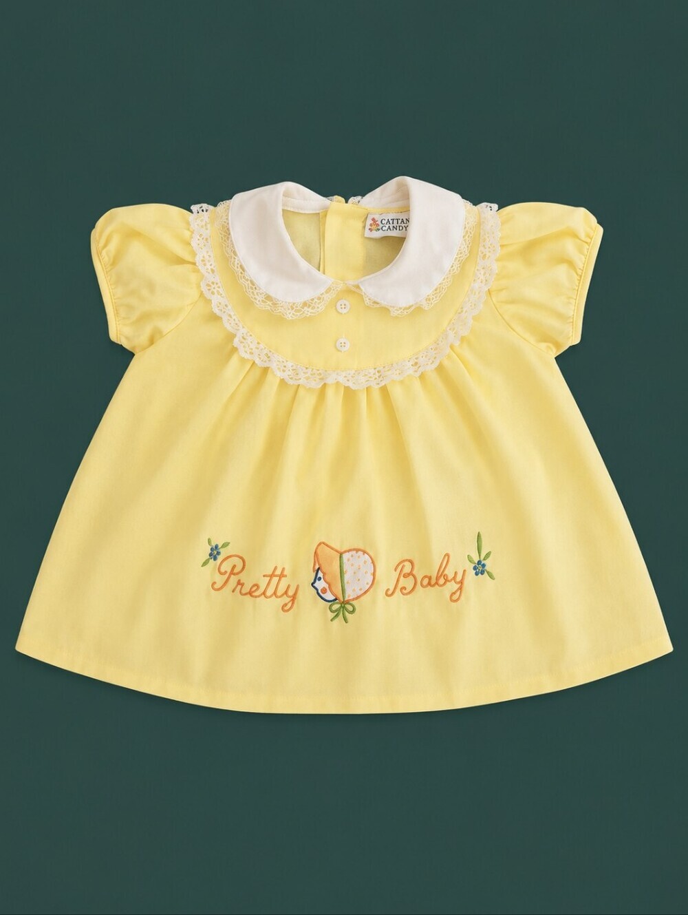 Vtg CATTAN CANDY Yellow Peter Pan Collar Pretty Baby Embroidered Dress